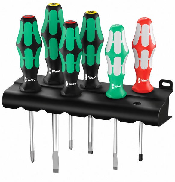 Wera 347778 334/368/6 Kraftform Plus Series Screwdriver Set & Rack 6-Piece with wall-mount storage rack and ergonomic Kraftform handles.