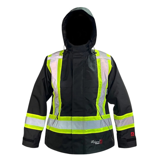 Viking 3907LFRJ Women's Journeywoman FR Black Rain Jacket with reflective safety striping.