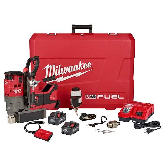 Milwaukee 2788-22HD M18 FUEL™ 1-1/2" Magnetic Drill Kit with 12.0Ah batteries and hard case.