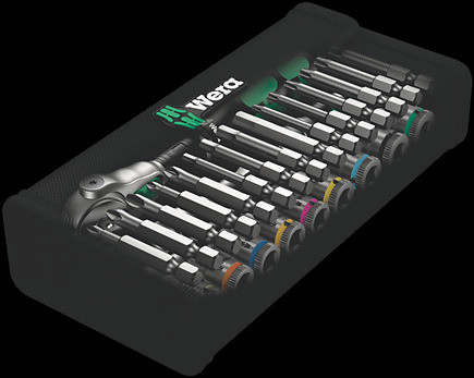 Wera 004016 Zyklop Speed 1/4-inch drive 28-piece metric ratchet and socket set organized in a compact green and black textile case.
