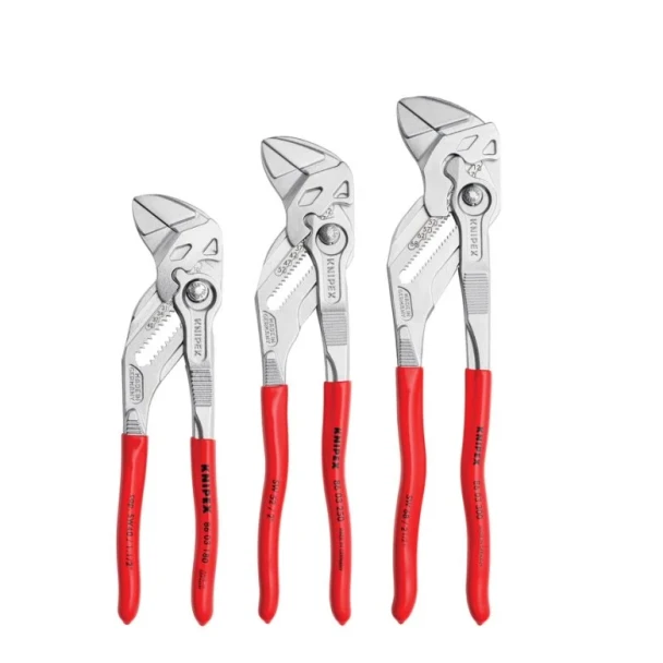 Knipex 002006US2 3-Piece Pliers Wrench Set featuring smooth-jaw adjustable pliers wrenches for gripping, tightening, and loosening nuts, bolts, and plumbing fittings without marring surfaces.