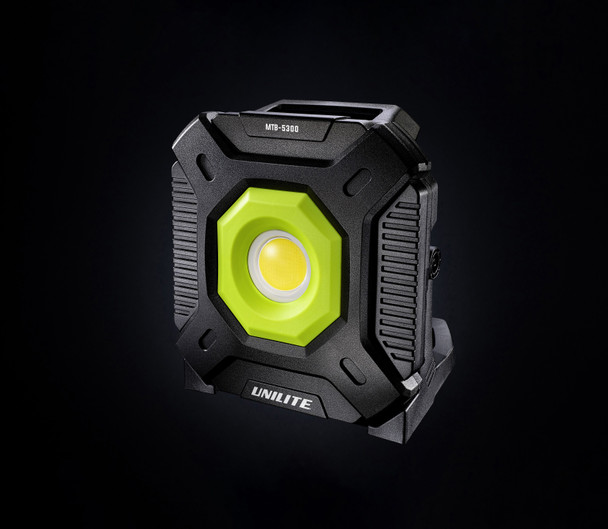 Unilite MTB-5300 5300 lumen hybrid LED site light with a high-visibility yellow body and a heavy-duty 180-degree rotating stand.