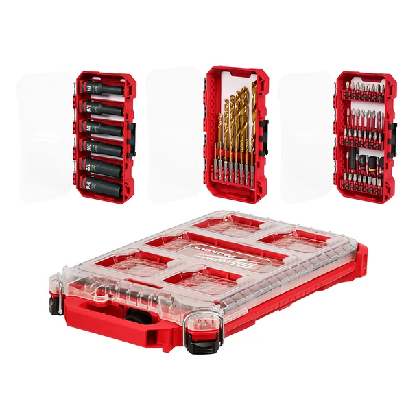 Milwaukee 48-32-5162 SHOCKWAVE Impact Duty Drill, Drive and Fasten PACKOUT Set 60-piece featuring impact-rated driver bits, titanium drill bits, nut drivers, and PACKOUT low-profile organizer.