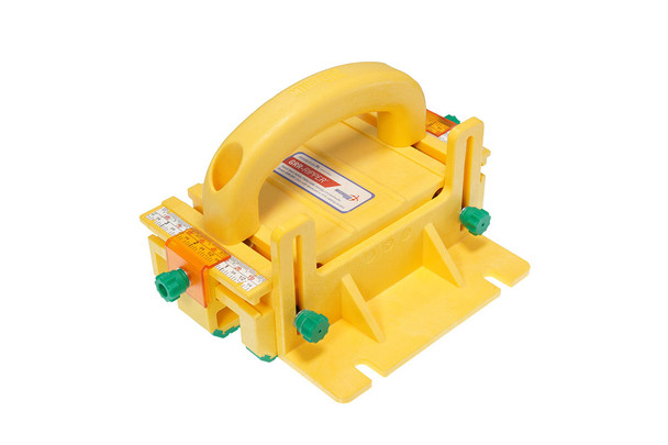Microjig GR-100+ GRR-RIPPER 3D pushblock in high-visibility yellow with adjustable green non-slip legs.