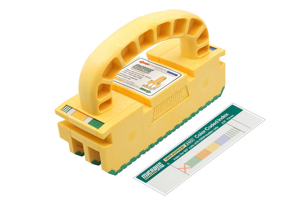 Microjig GRR-RIPPER 2GO safety pushblock in high-visibility yellow with fixed Green GRR-RIP non-slip legs and ergonomic handle.