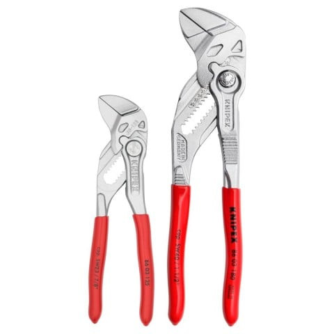 Knipex 9K0080121US Mini Pliers Wrench Set with 5-inch and 7-1/4-inch smooth jaw pliers for gripping, holding, and turning fasteners without damaging surfaces.