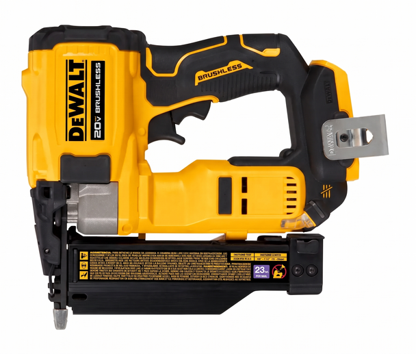 A tight, centered studio photograph of the DeWalt ATOMIC 20V MAX 23ga Brushless Cordless Pin Nailer (Tool Only) against a pure white background.