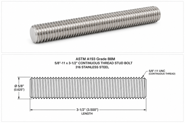ASTM A193 Grade B8M 5/8-inch x 3-1/2-inch continuous thread stud bolt technical drawing and product image made from premium 316 stainless steel for high-pressure and high-temperature flange applications.