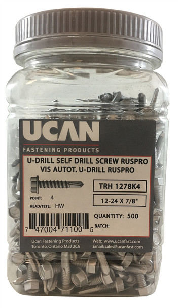 Ucan TRH 1278K4 Hex Washer Head Extra Drill Capacity #12-24 x 7/8" TEK Screw - Ruspro Coated - Jug