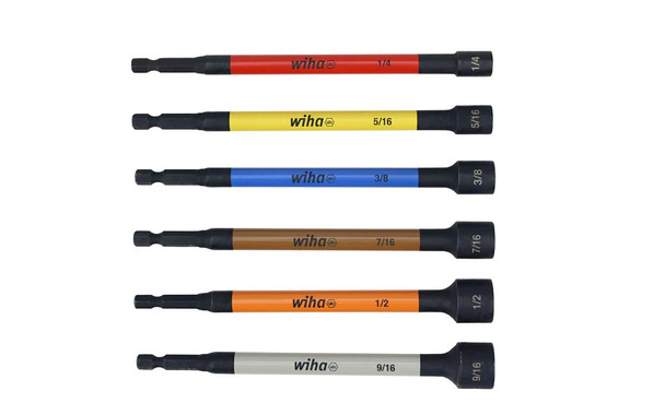 Wiha 70486 6-piece color-coded magnetic nut setter set showing the six different sizes.