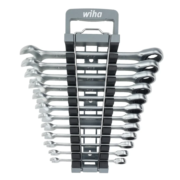 Front view of the Wiha 30391 12 Piece Metric Combination Ratchet Wrench Set with organized storage rack and polished metric ratcheting wrenches.