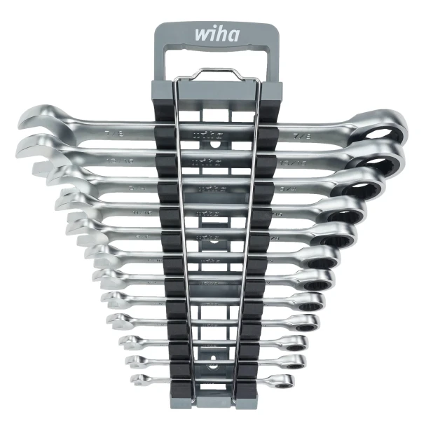 Wiha 30394 SAE Combination Ratchet Wrench Set 12 Piece with storage rack, featuring SAE ratcheting combination wrenches from 1/4 in. to 7/8 in. for professional automotive and industrial applications.