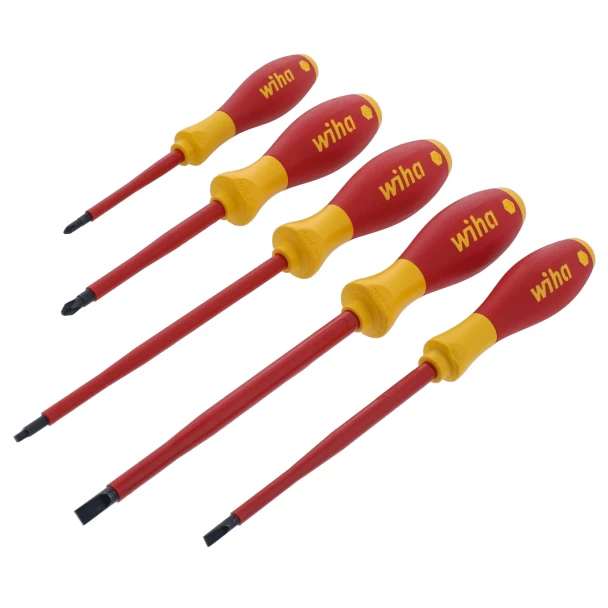 Wiha 32059 5-piece SoftFinish insulated screwdriver set including slotted, Phillips, and square tip screwdrivers with ergonomic handles and 1,000V insulation.