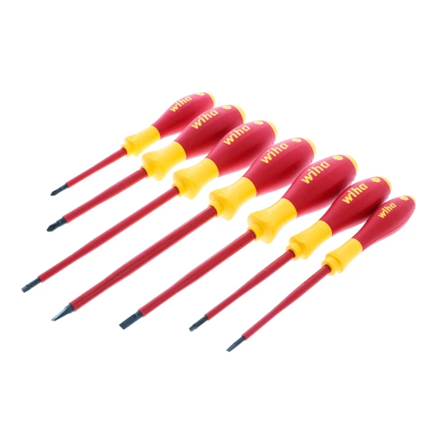 Wiha 32097 SoftFinish 7-piece insulated screwdriver set with slotted, Phillips, and square screwdrivers on a white background.