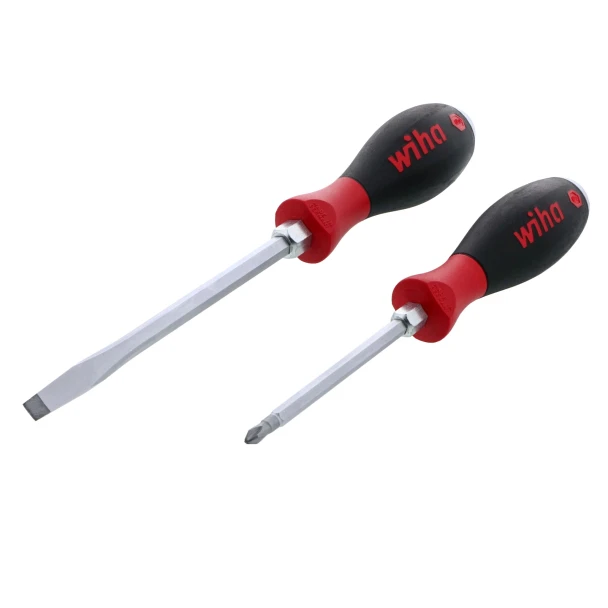 Wiha 53082 SoftFinish XHeavy Duty 2-piece screwdriver set including #2 Phillips and 8.0mm slotted screwdrivers with hex bolsters, ergonomic handles, and metal striking caps.