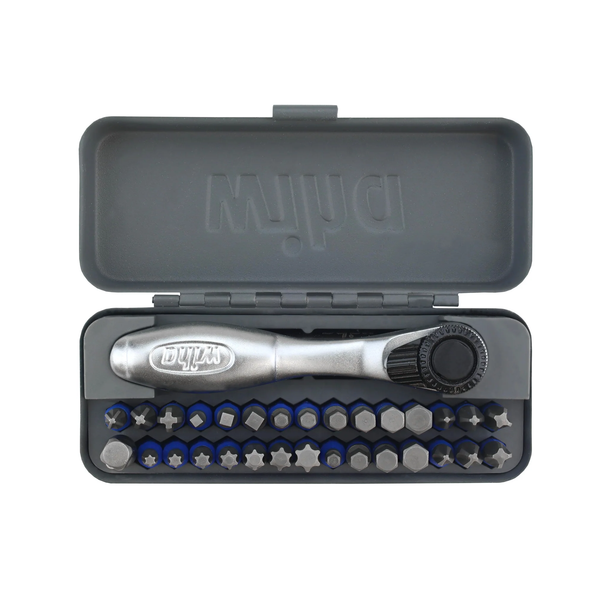 Wiha 76889 32-Piece Terminator Blue Impact Bit GoBox Set featuring the mini-ratchet and locking bit holder.