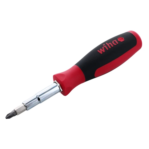 Wiha 77891 SoftFinish 11-in-1 multi-driver with ergonomic cushion grip handle and interchangeable bit holder on a white background.