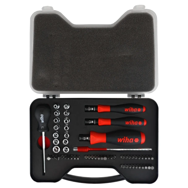 Wiha 28589 TorqueVario-S 59 Piece Bit Set with adjustable torque screwdrivers, precision bits, metric and SAE sockets, direct-reading torque scale, ergonomic SoftFinish handles, and molded carrying case for professional technicians and industrial maintenance.