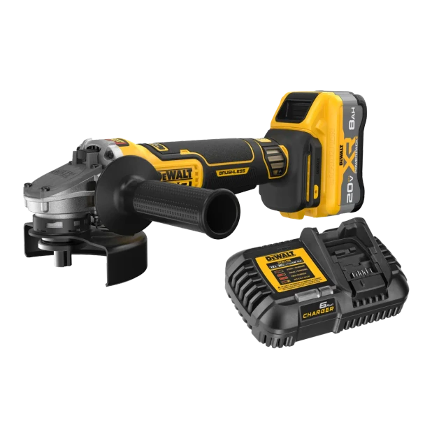 DeWalt DCG410WW1 20V MAX XR 4-1/2 inch to 5 inch brushless angle grinder kit with 8Ah battery, delivering high-performance cutting, grinding, E-Brake safety, and cordless convenience for professional tradespeople.