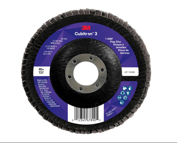 3M 7100380474 Cubitron 3 1169F flap disc, 4-1/2 in. x 7/8 in., 40+ grit, Type 27 abrasive flap disc for grinding, beveling, weld removal, and metal finishing.