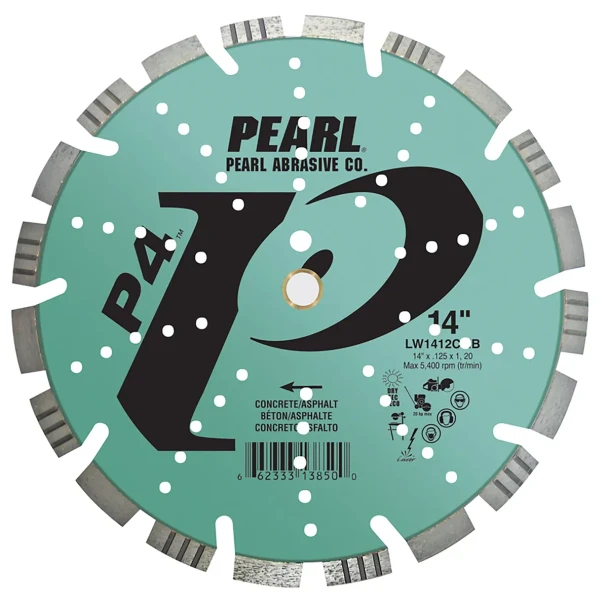 Pearl Abrasives LW1412CMB P4 14-inch segmented diamond blade for cutting concrete, asphalt, and masonry materials with high-speed saws.