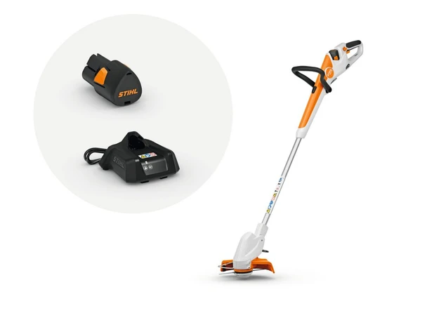 STIHL FSA 30-1S cordless grass trimmer kit with adjustable shaft, pivoting trimmer head, battery, and charger for residential lawn care and edging.