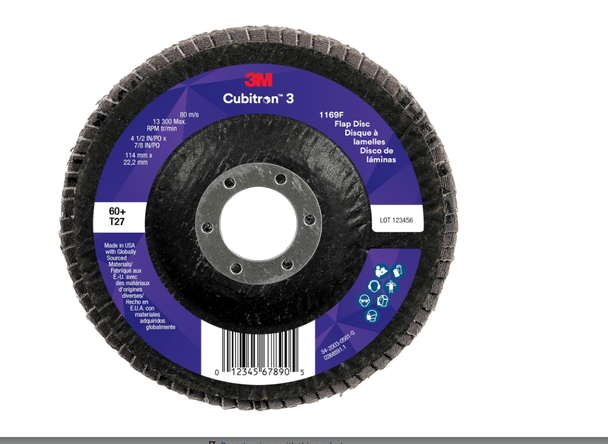 3M™ Cubitron™ 3 1169F flap disc, 6 in. x 7/8 in., Type 27 flat ceramic abrasive disc for aggressive metal grinding, weld blending, beveling, deburring, and surface finishing.