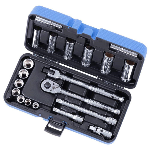 JET 600229 21-piece 3/8-inch drive SAE 6-point socket wrench set organized in its blue storage case.