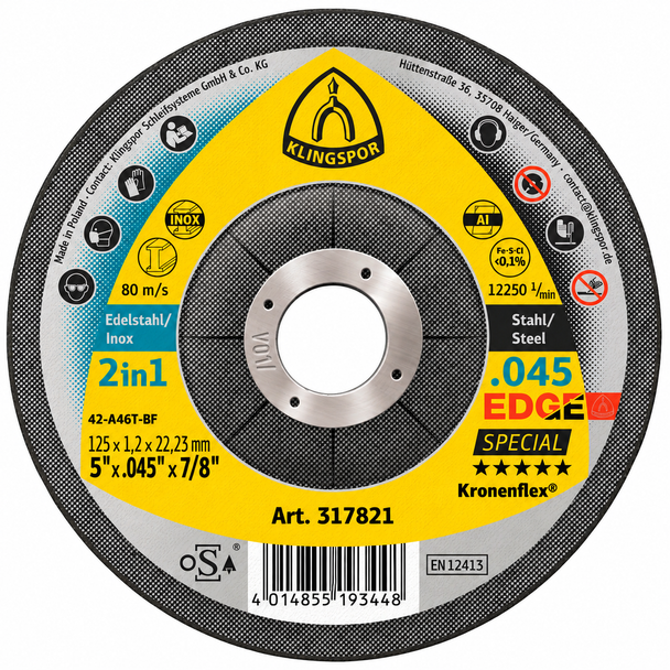 Klingspor 317821 Kronenflex Edge Special 5 x .045 x 7/8 inch depressed center cut-off wheel for stainless steel and steel.