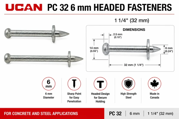 Ucan PC 32 6 mm headed fasteners 1-1/4 inch product specification image showing concrete and steel fastener dimensions, sharp point design, and headed fastener features.