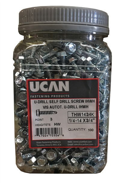 Ucan THW 1434K, #14-14 x 3/4" Hex Head Zinc Plated Tek Screw - Jug