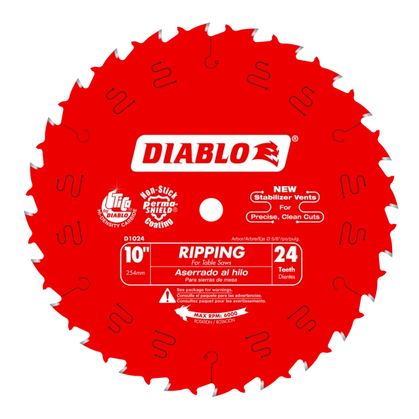 Diablo D1024X 10 in. 24-Tooth carbide-tipped ripping saw blade with Perma-SHIELD non-stick coating for fast, clean rip cuts in hardwood, softwood, plywood and pressure-treated lumber.