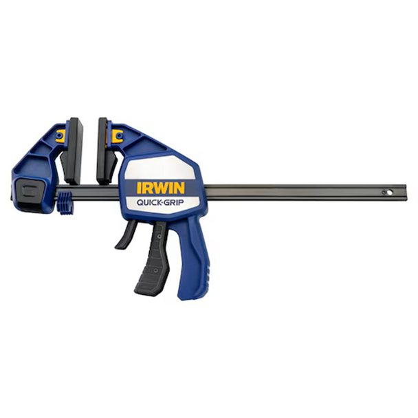 Irwin 1964713 QUICK-GRIP XP600 18-inch bar clamp showing blue body and heat-treated steel I-beam.