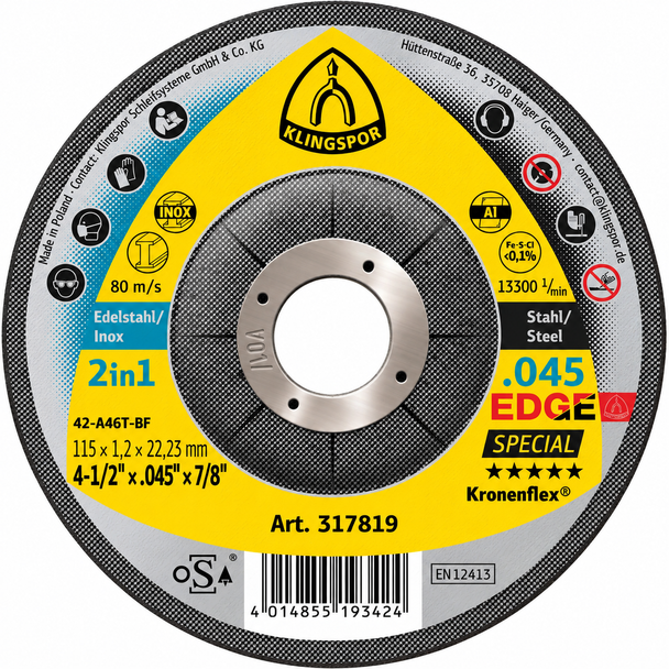 Klingspor 317819 Kronenflex Edge Special 4-1/2 x .045 x 7/8 inch depressed center cut-off wheel for stainless steel and steel