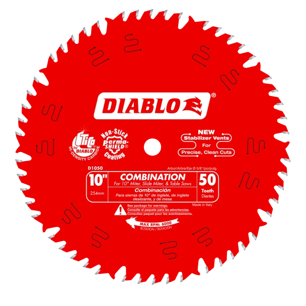 Diablo D1050X 10-inch 50-tooth combination saw blade featuring TiCo Hi-Density carbide teeth for smooth crosscuts and efficient rip cuts in wood.