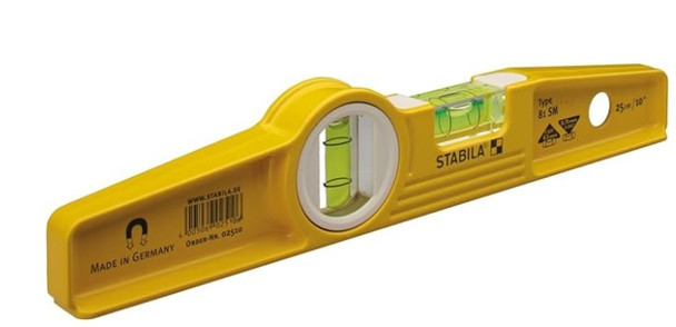 Stabila 25100 10-inch Type 81SM magnetic torpedo level with silver die-cast body and yellow vials.