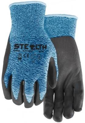 Watson Stealth Stinger work gloves showing the textured sandy nitrile palm and black seamless shell.
