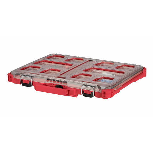 Milwaukee 48-22-8431 PACKOUT Low-Profile Organizer with removable bins, clear impact-resistant lid, IP65 weather seal, and modular PACKOUT compatibility.