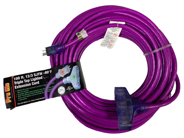 Pro Glo 12/3 Triple Tap 100 Foot Extension Cord- Purple