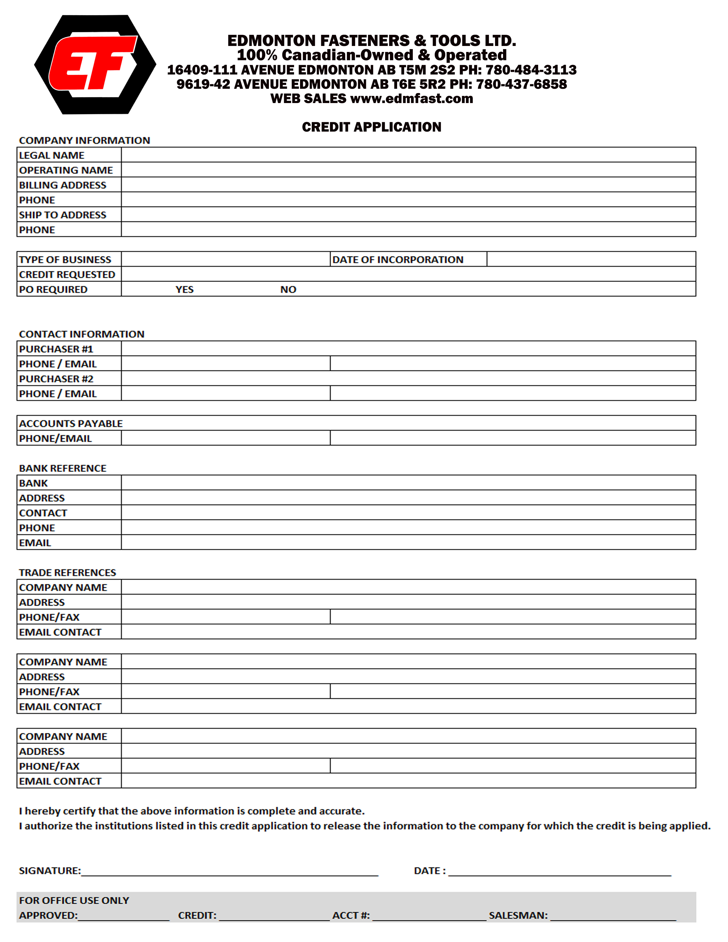 Edmonton Fasteners Credit Application