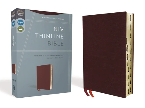 Niv, Thinline Bible, Bonded Leather, Burgundy, Red Letter, Thumb Indexed, Comfort Print