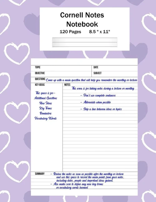 Cornell Notes Notebook: Note Taking System, For Students, Writers, Meetings, Lectures Large Size 8.5" x 11" (21.59 x 27.94 cm), Durable Matte Purple Hearts Cover Design , 120 Pages