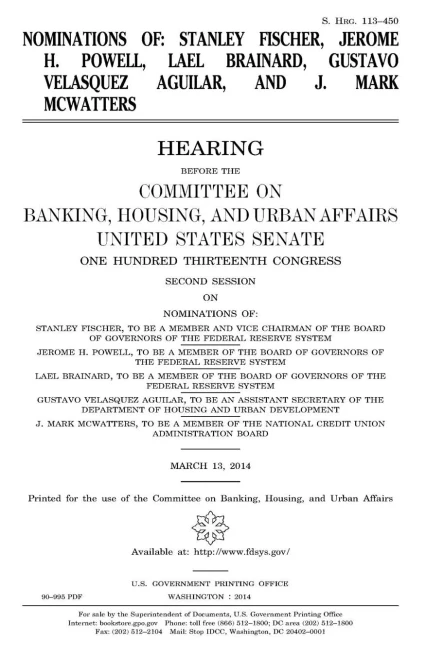 Nominations Of : Stanley Fischer, Jerome H. Powell, Lael Brainard, Gustavo Velasquez Aguilar, And J. Mark Mcwatters