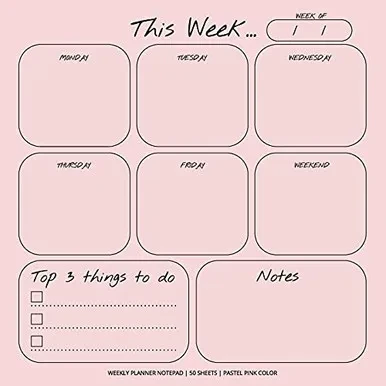 Weekly Planner Notepad: Pastel Pink Color, To Do List, Daily Agenda, Organizer, Desk Pad, 50 Sheets