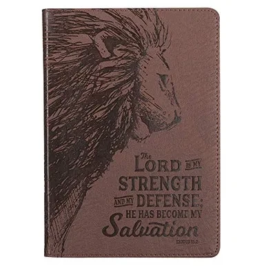 Brown Faux Leather Classic Journal, My Strength And My Defense Lion Exodus 15:2 Bible Verse, Flexcover Inspirational Notebook W/Ribbon Marker And Lined Pages