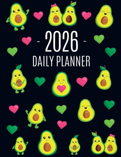 Avocado Daily Planner 2026: Funny & Healthy Fruit Organizer: January-December (12 Months) Cute Green Berry Year Scheduler with Pretty Pink Hearts