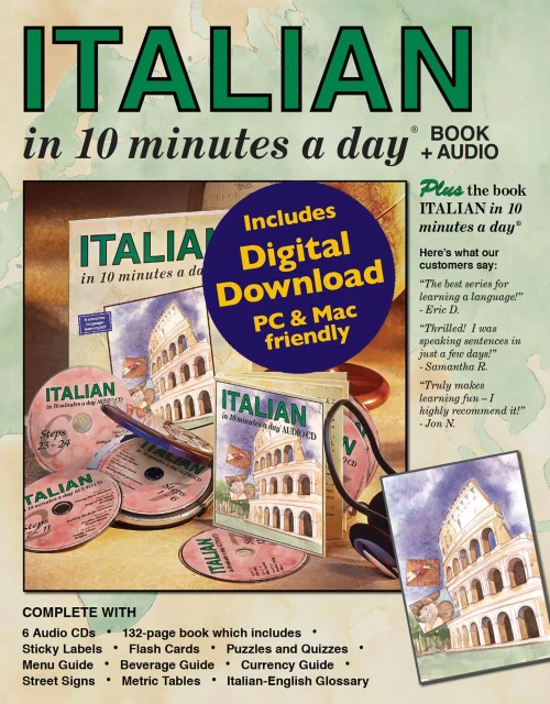 Italian in 10 Minutes a Day Book + Audio: Language Course for Beginning and Advanced Study. Includes Workbook, Flash Cards, Sticky Labels, Menu Guide,