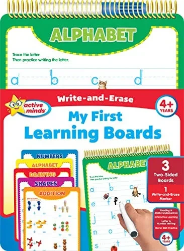 Active Minds - Write-And-Erase - Wipe Clean Learning Boards Ages 4+ - Numbers, Addition, Alphabet, Shapes, And Drawing