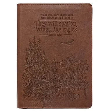 Soar Wings Like Eagles Isaiah 40:31 Bible Verse Brown Scenic Faux Leather Classic Journal, Inspirational Zippered Notebook W/Ribbon 336 Lined Pages