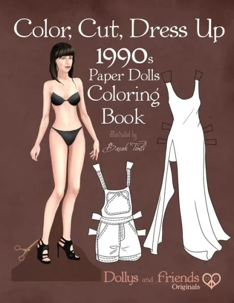 Color, Cut, Dress Up 1990s Paper Dolls Coloring Book, Dollys and Friends Originals: Vintage Fashion History Paper Doll Collection, Adult Coloring Page